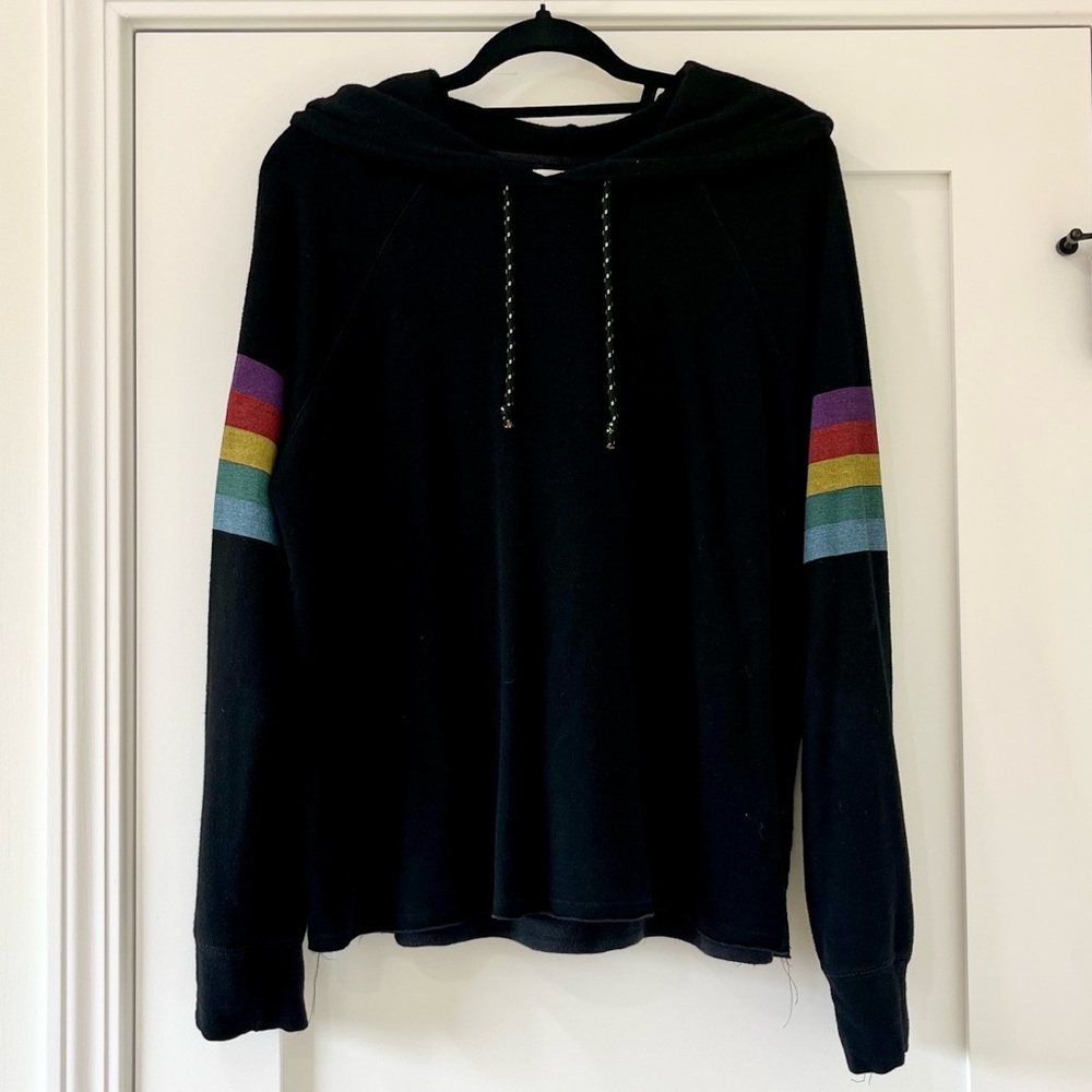Sundry Rainbow Stripe Sleeve Raw Edge Hoodie - Size 3